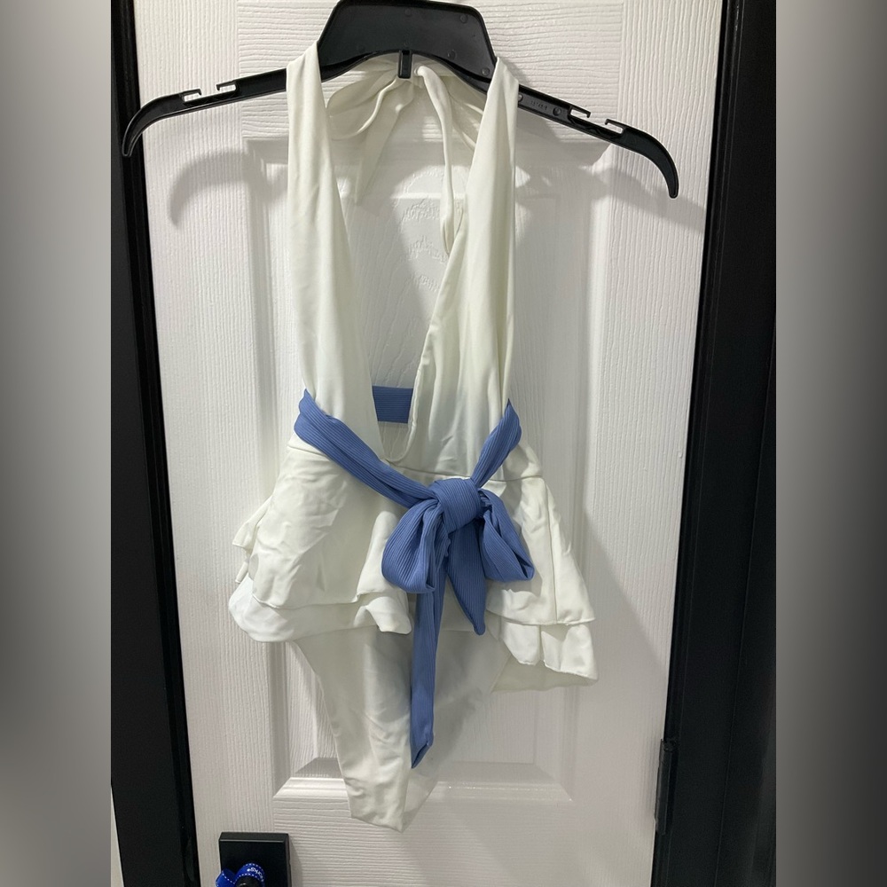 Women’s White One Piece Bathing Suit Peplum Style With Bow Size Small
